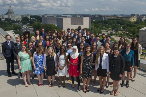 The 51 journalism scholars of the 2014 Al Neuharth Free Spirit Conference gather in front of the Newseum Institute in Washington, D.C. 