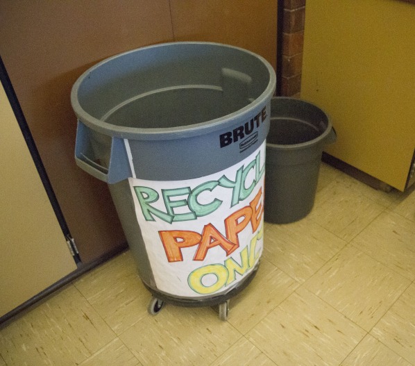 Ms. Wards recycling bin in room F-206 promotes a beneficial way to properly dispose of waste.