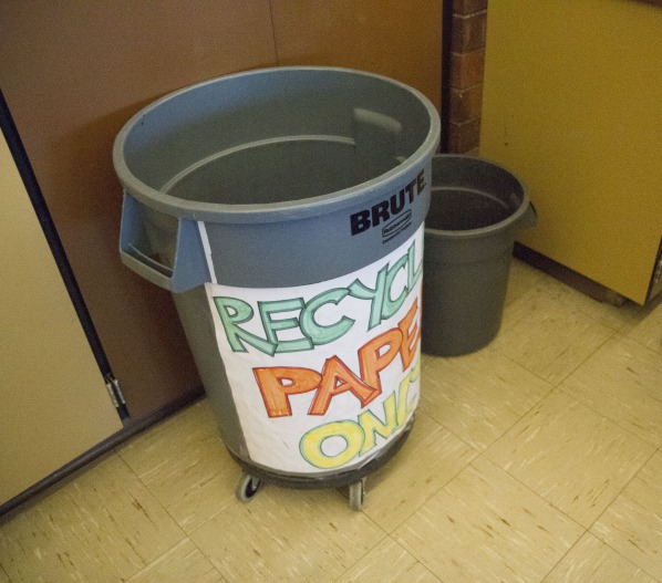 Ms. Ward's recycling bin in room F-206 promotes a beneficial way to properly dispose of waste.