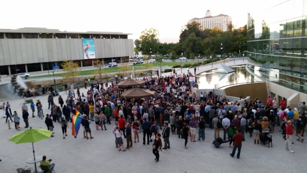 Supporters of legalizing same-sex marriage meet at the city library.