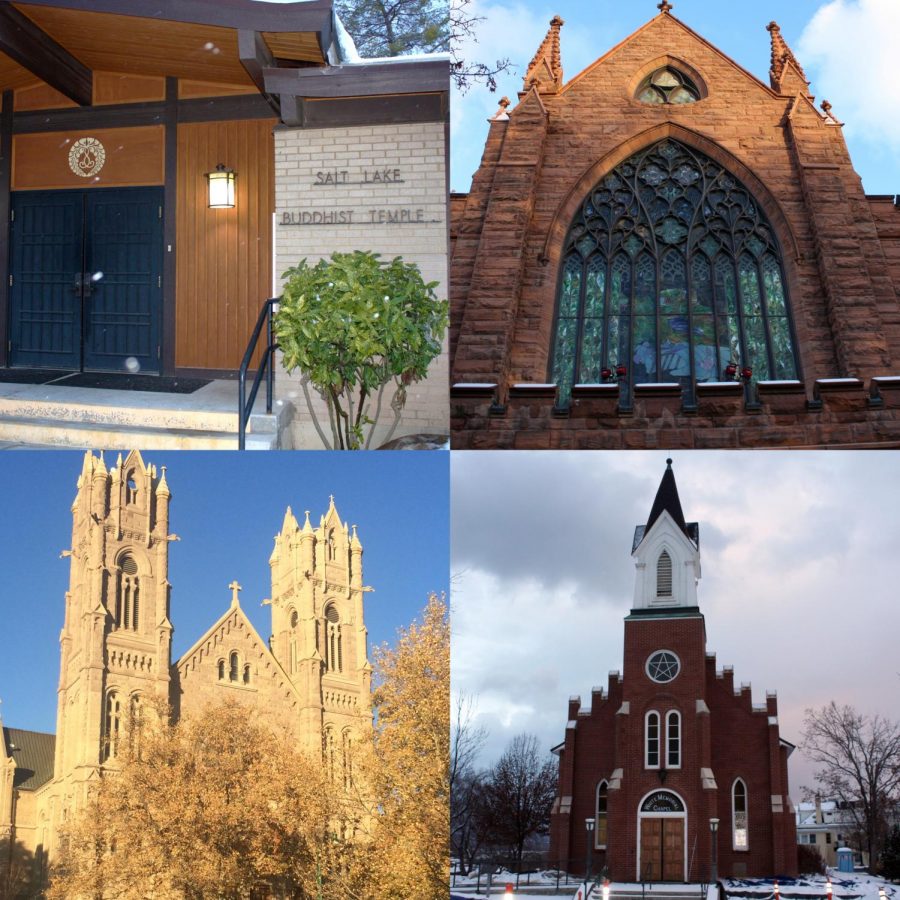Top Left: Salt Lake Buddhist Temple
Top Right: First Presbyterian Church of Salt Lake City
Bottom Left: Cathedral of the Madeleine 
Bottom Right: White Memorial Chapel