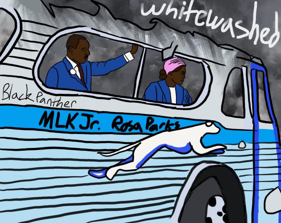 A bus being driven by MLK Jr and Rosa Parks, with Whitewashed written in the top right corner.
