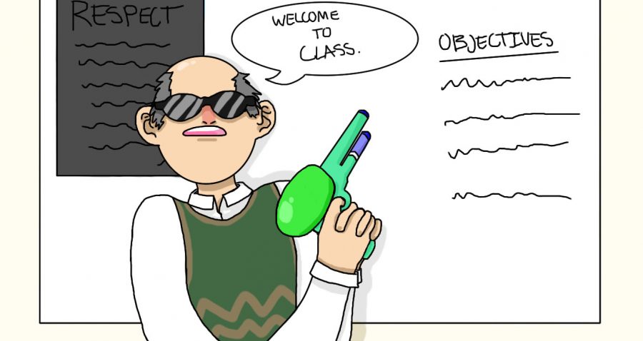 A balding male teacher holding a paintball gun and wearing sunglasses, saying, Welcome to class.