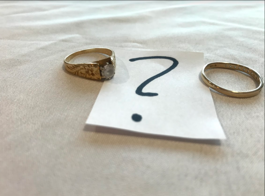 A man and womans golden wedding rings sit across from each other and between them, a black, bold question mark.