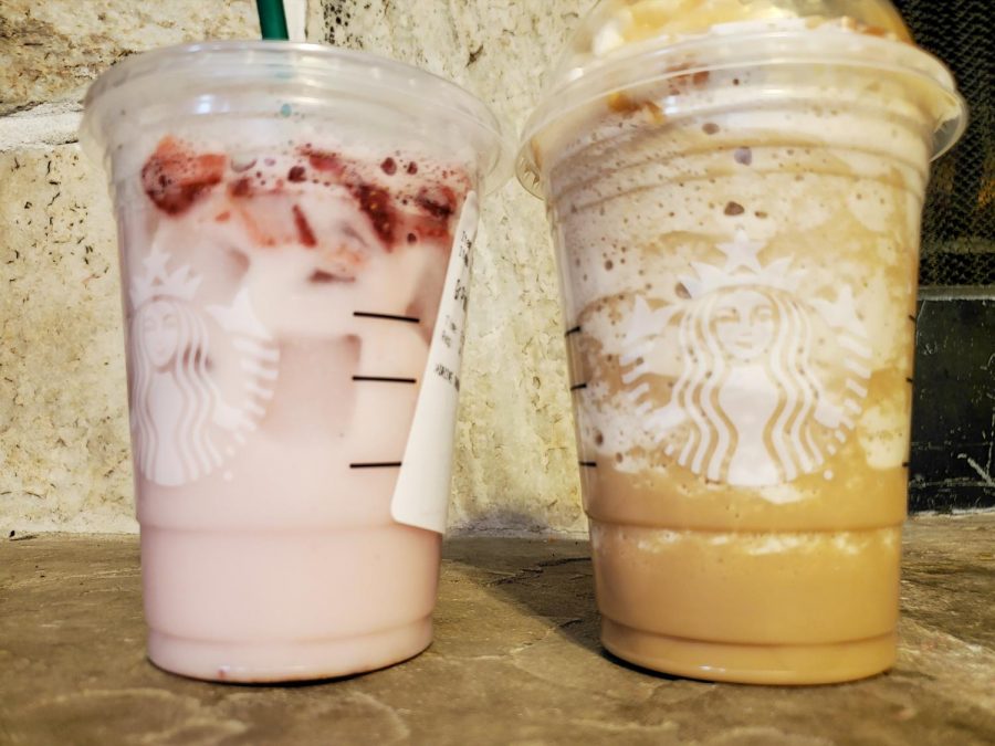 Two Starbucks drinks displayed to show the use of caffeine in peoples lives and to show how easy it is to buy caffeinated beverages.