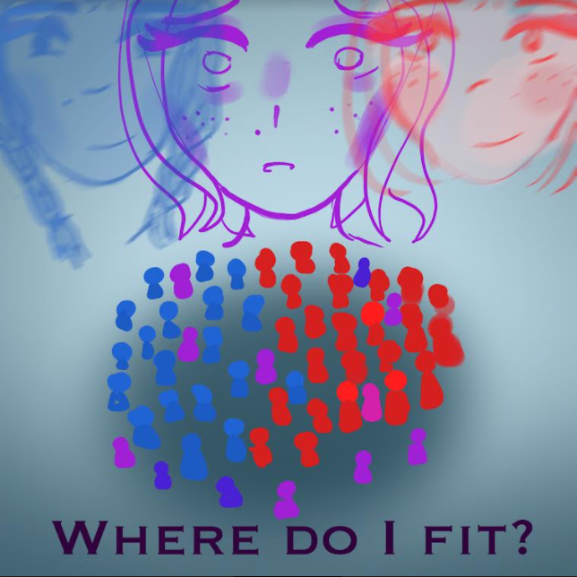Gray dramatic backgroun, with concerned purple girl in the middle. Red and Blue versions of the purple girl. Colorful population under the purple girl. The caption is placed under the image saying Where Do I Fit?