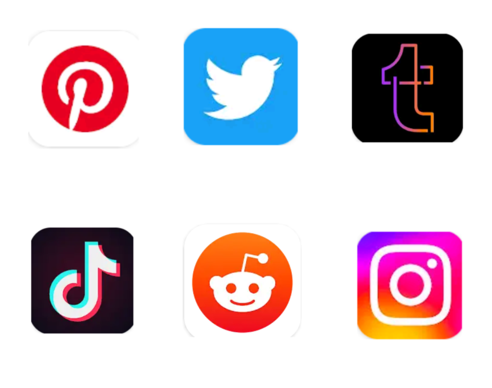 Array of logos for the social media apps Pinterest, Twitter, Tumblr, TikTok, Reddit, and Instagram, taken from the Google Play Store