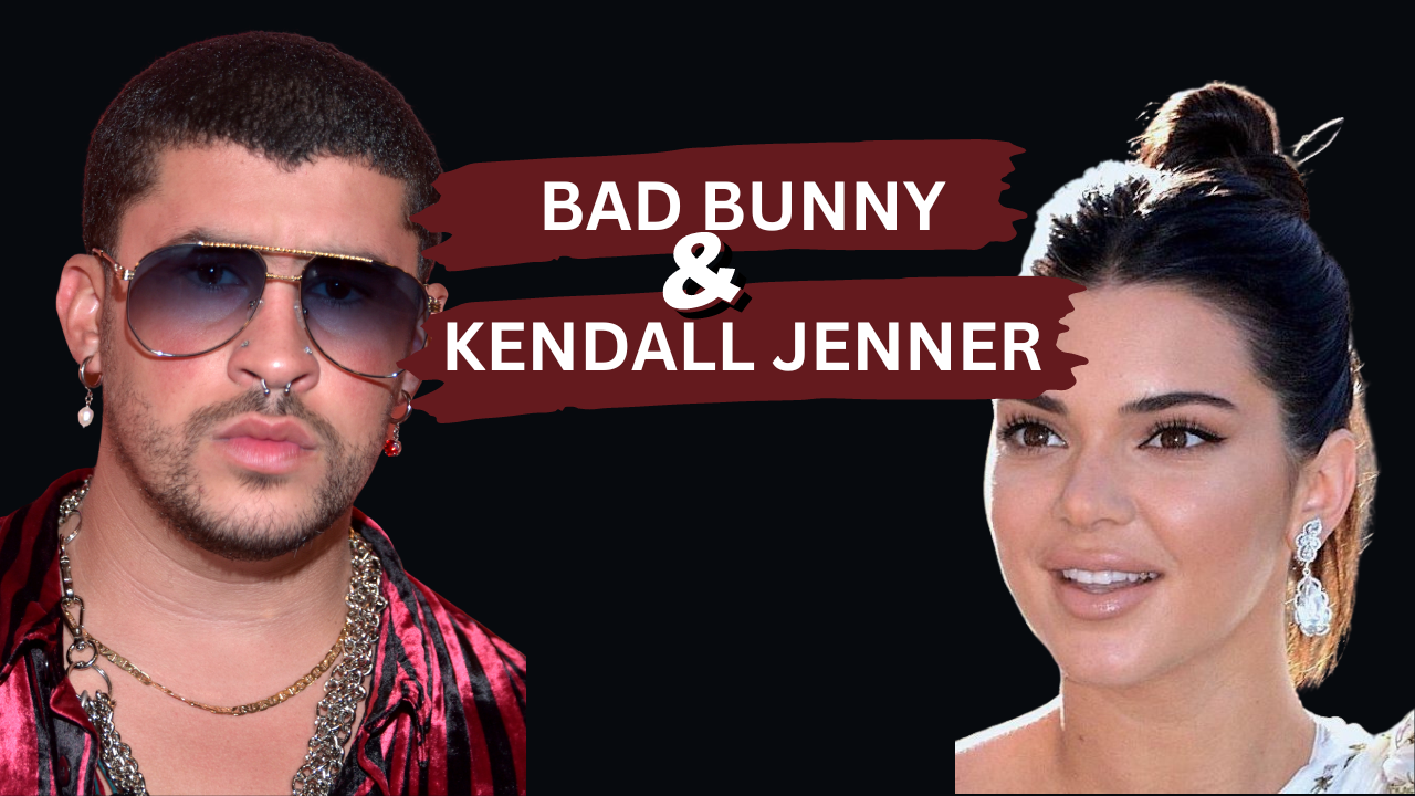 A thumbnail on black background featuring images of Bad Bunny and Kendall Jenner on each side with white text on red streaks in the center. Text reads: Bad Bunny & Kendall Jenner