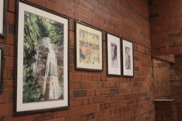 A photo in the school halls of artwork done by artists